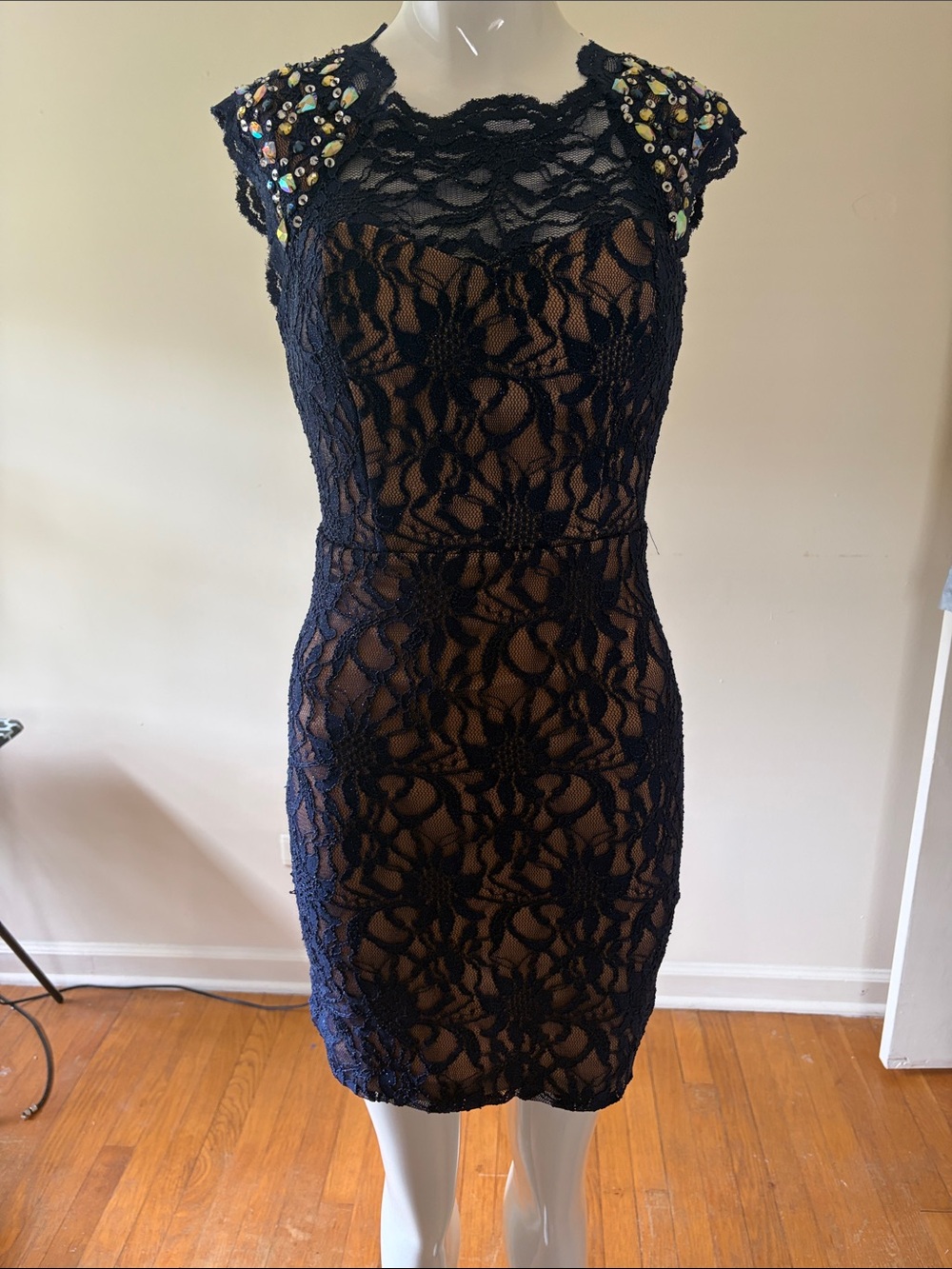 Navy Lace Sheath Dress with Embellished Shoulders